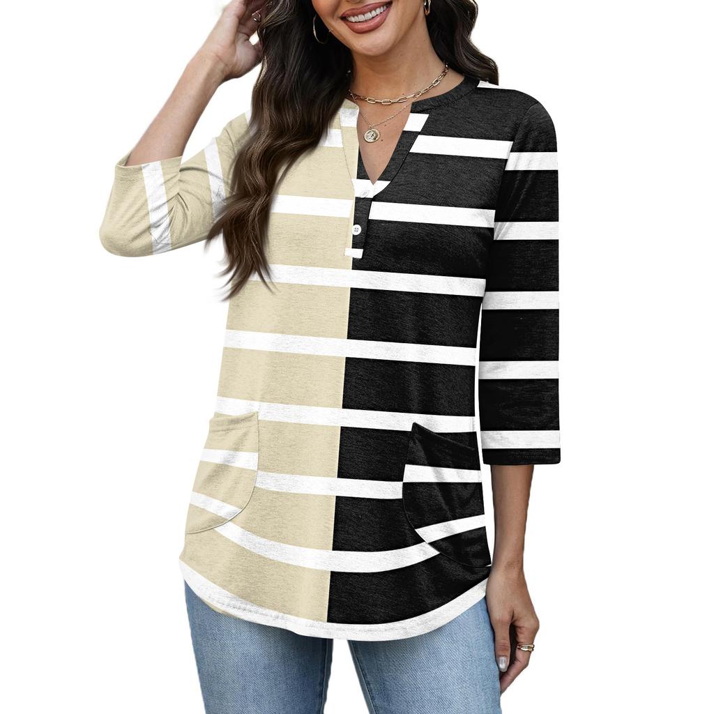 Womens 3/4 Sleeve V Neck Henley Pullover Top Geometric Print Casual Loose Fit Tunic Shirt