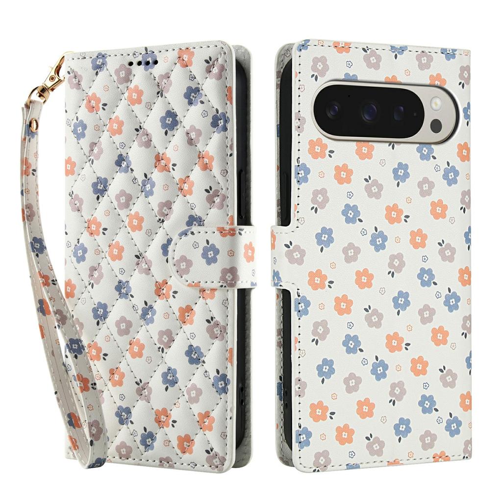 For Google Pixel 10 Pro XL/9 Pro XL Wallet Case Rhombic Floral Design Leather Flip Phone Cover with Strap
