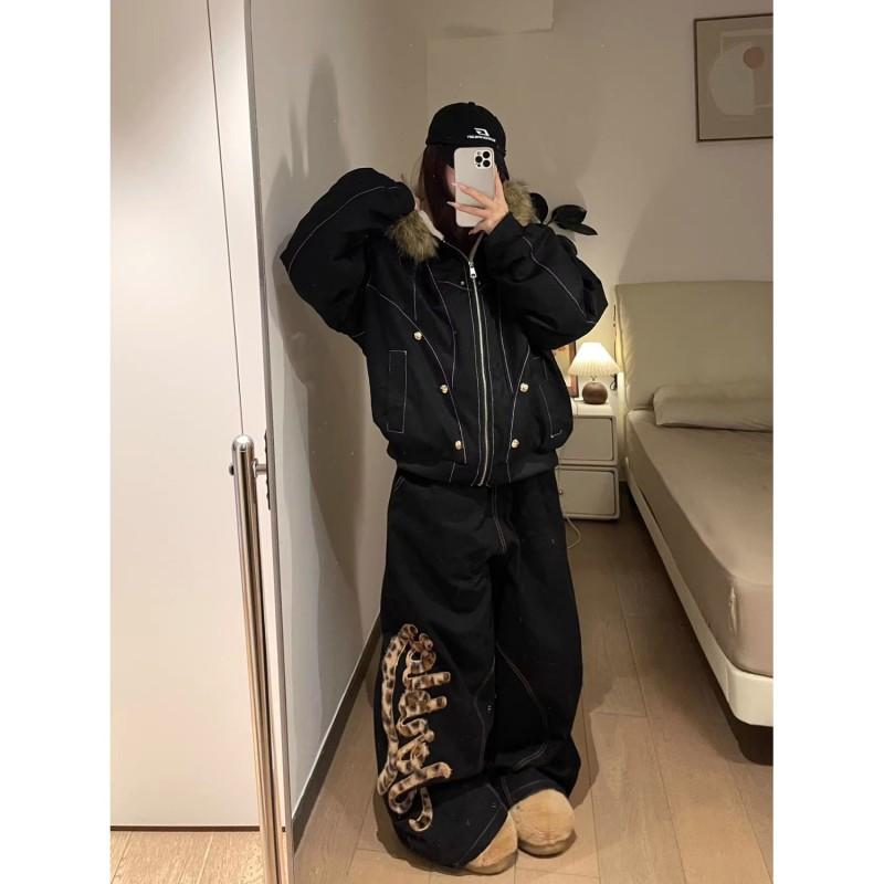 Üç Boyutlu Leopar Nakışlı Unisex Geniş Paça Kargo Kot Pantolon Vintage Yıkanmış Pamuklu Düz Kesim Pantolon