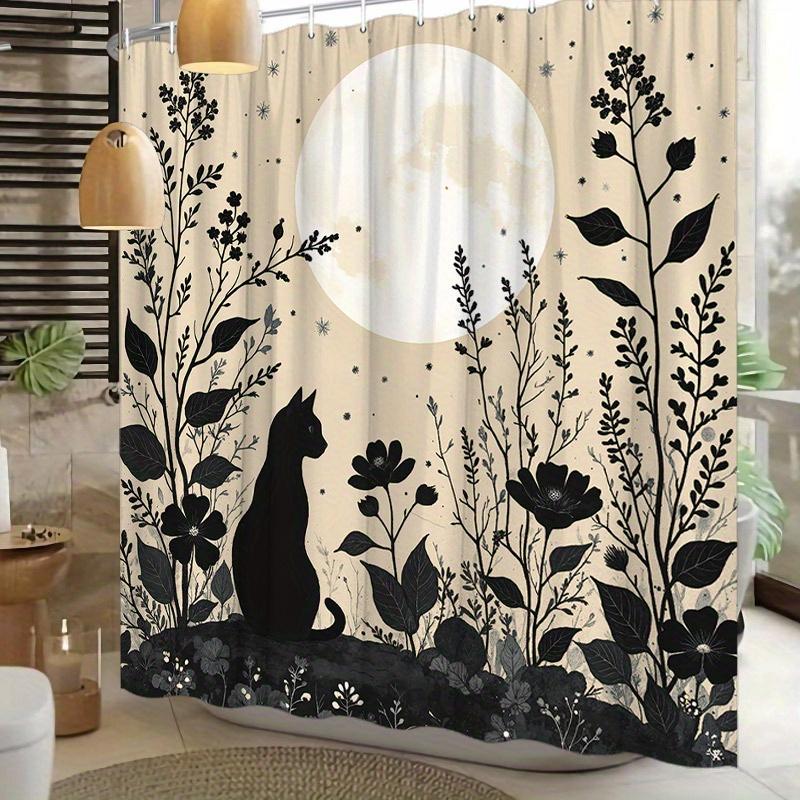 "1pc Black Cat Silhouette Shower Curtain - Floral Full Moon Design, Modern Bath Decor, Home Decoration