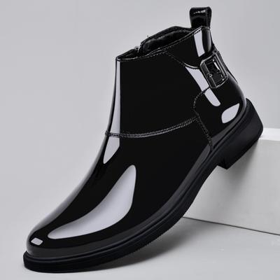 Fashion Classic Brand Men's Shiny Leather Shoes Pointed Formal Shoes Office Business Short Boots Men's Chelsea Boots Winter Cotton Boots