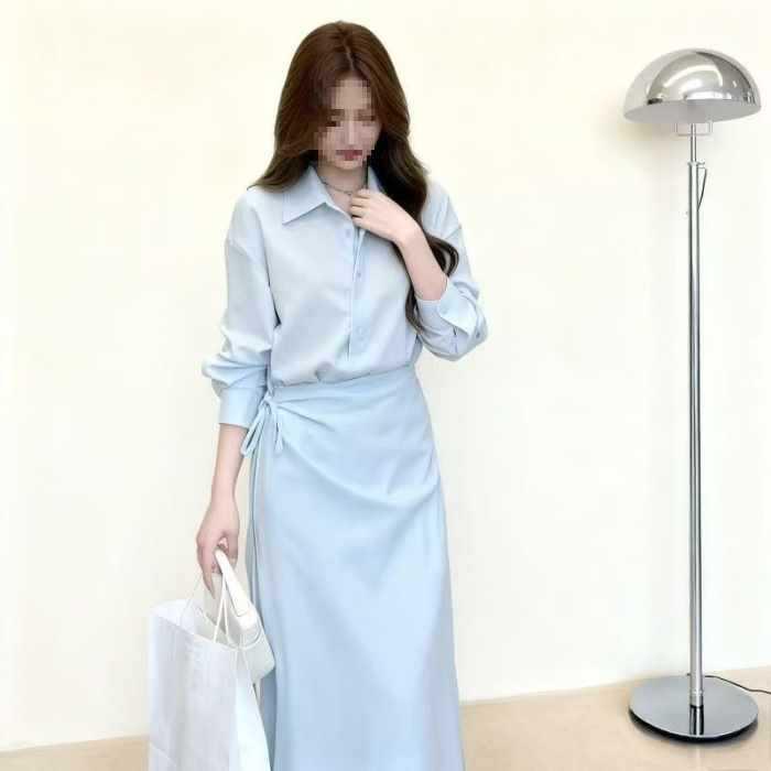 

Elegant Blue Patchwork Waist-Cinched Slim Fit Long Sleeve Dress 2 Extra Large