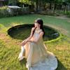 French photo super beautiful neck off-the-shoulder dress women's new seaside vacation sleeveless vest cake long dress summer