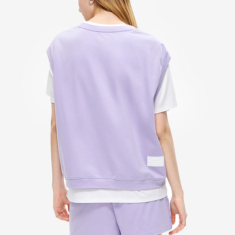 FILA Color Block Fake Two-Piece Round Neck Short Sleeve T-Shirt Women Tops Mousse-Purple F11W229114FVT