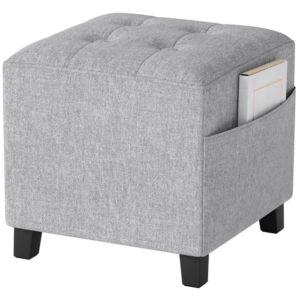 Square Stool, Small Ottoman with Side Pocket, Footrest In Linen-Look Fabric with Rubber Wood Legs, Light Grey