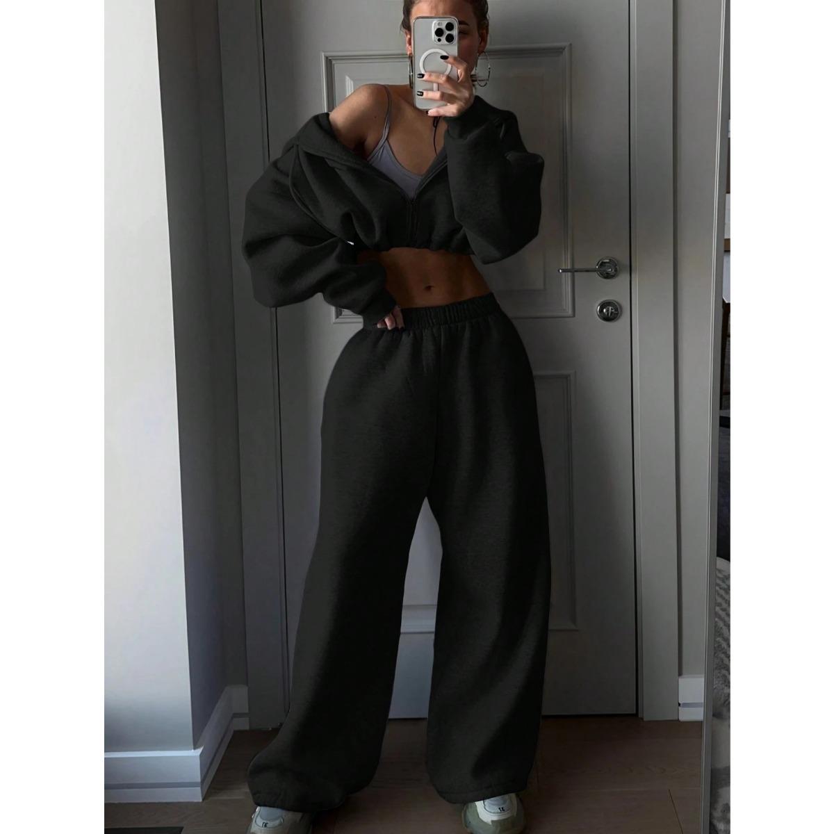 

Женский спортивный костюм из двух предметов с длинным рукавом для осени и зимы S чёрный