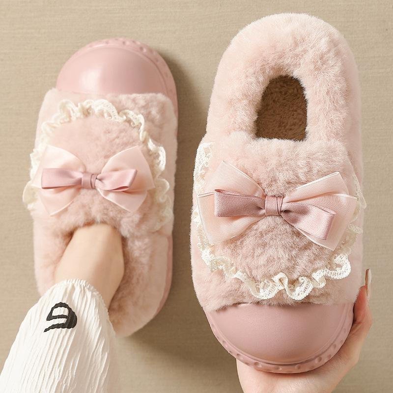 Bow Cotton Slippers Women's Winter New Indoor Home Thick-soled Warm Plush Cotton Shoes Women's Outer Wear