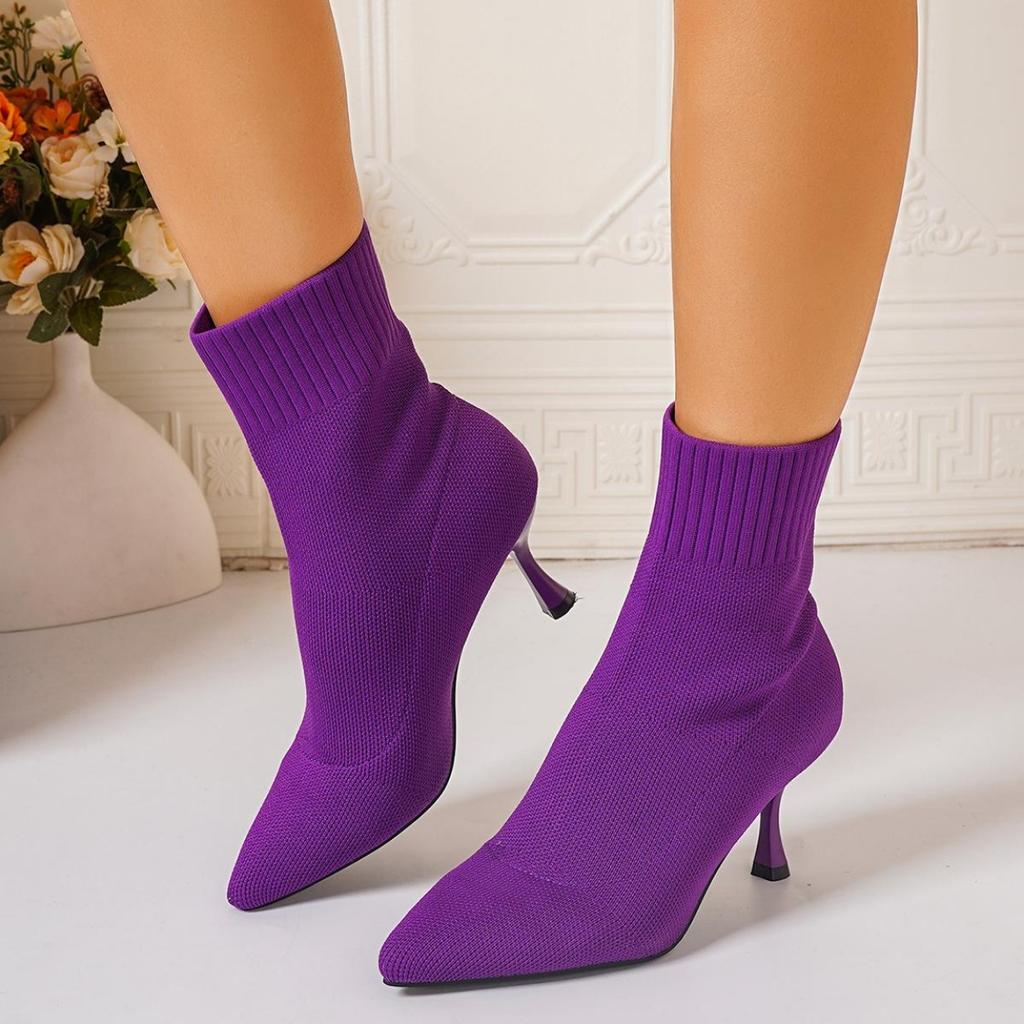 Large size autumn new fine high heel solid color pointed elastic cloth large size fashion boots 43