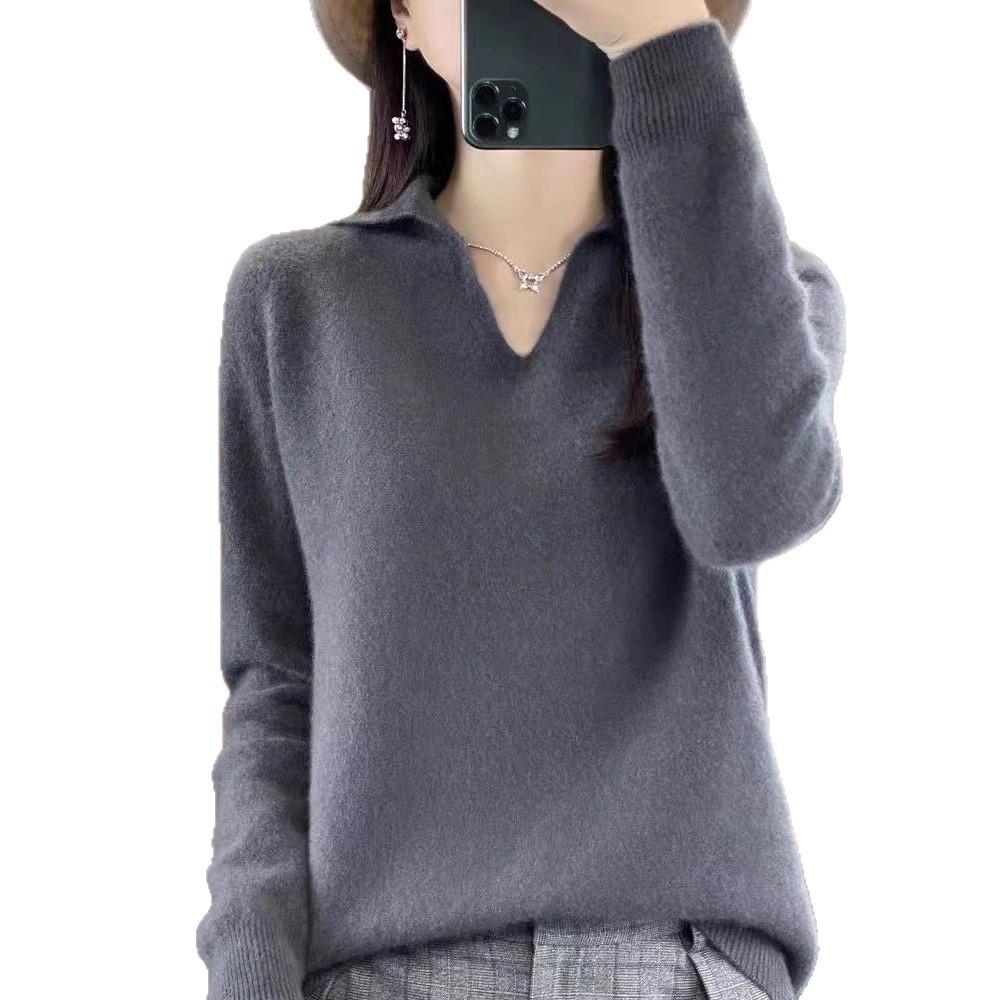 Autumn and Winter POLO Small V-neck Long-sleeved Loose Knitted Base Layer Sweater for Women