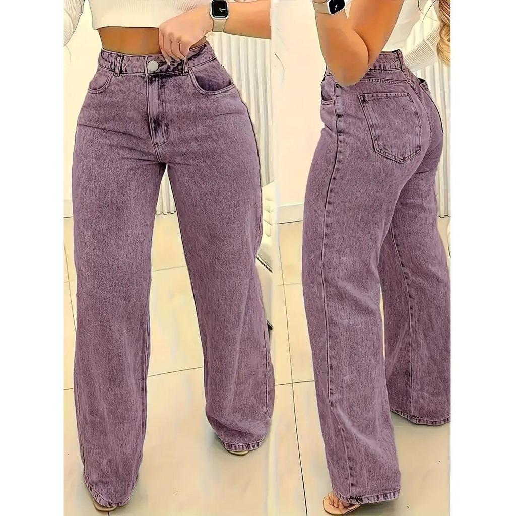 Plus Size Women's Purple Elastic Straight Jeans - Casual Washed Denim