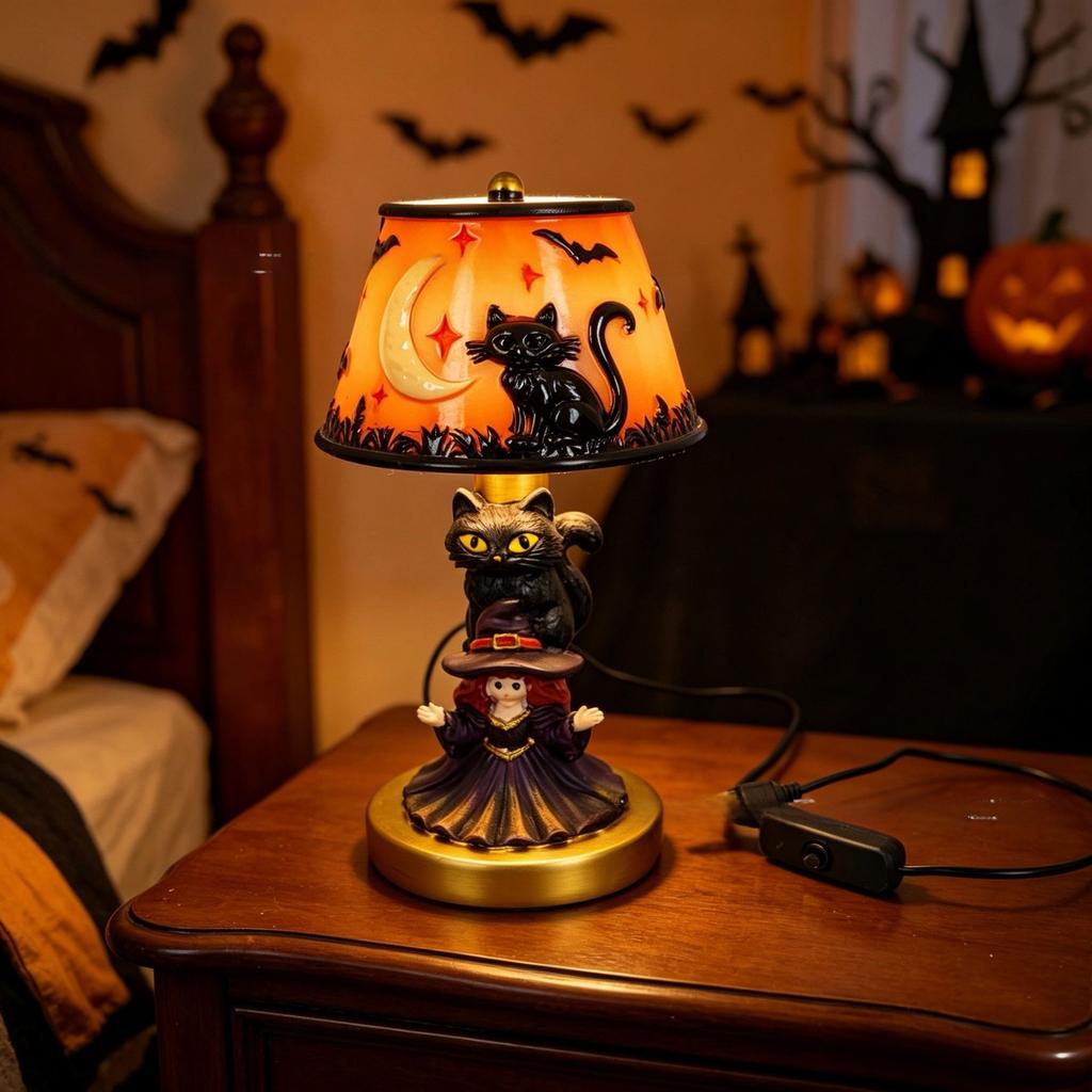 Halloween Glowing Ghost Bat Pumpkin Table Lamp Resin Craft Creative Home Decor Ornament for Spooky Party Bedroom Desktop