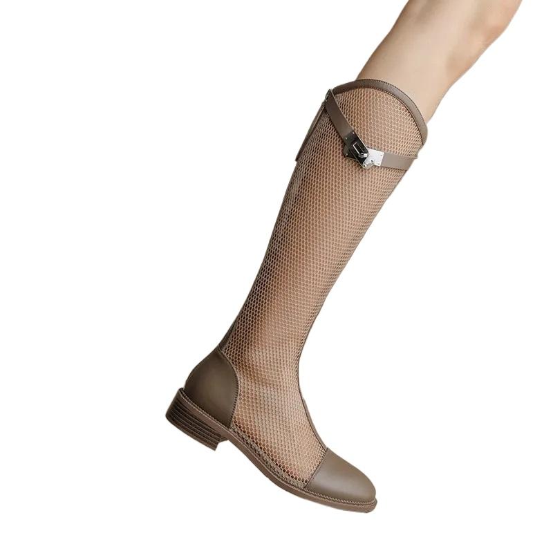 Kniehohe Mesh-Stiefel für den Sommer, Damen, V-Ausschnitt, atmungsaktives Mesh, Ritterstiefel, dicker Absatz, aushöhlen, lange coole Stiefel, Botas Mujer