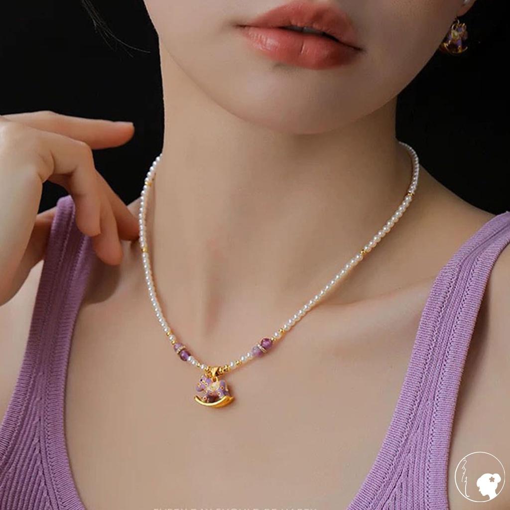 [Uruhashi] Dreaming Rocking Horse Necklace for Women  Pearl x Natural Stone x Enamel Coloring  18K Finish Purple Elegant Cute Artistic Vintage-Style