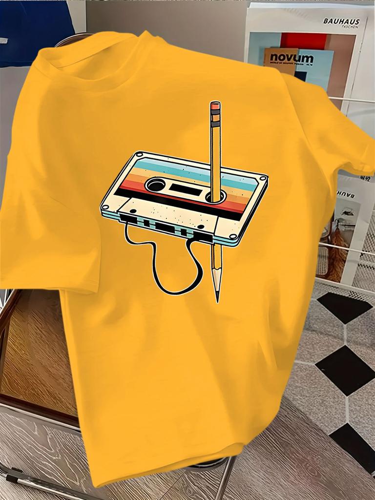 Unisex Classic Cotton Crew Neck T Shirt Retro Color Cassette Tape Pencil Graphic Loose Short Sleeve Vintage Streetwear Daily Tops
