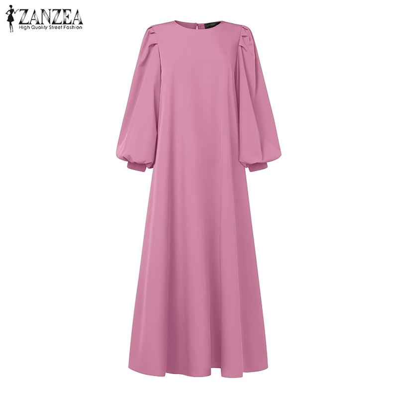 ZANZEA Dame Casual O-hals Ensfarget Langermet Retro Lang Kjole