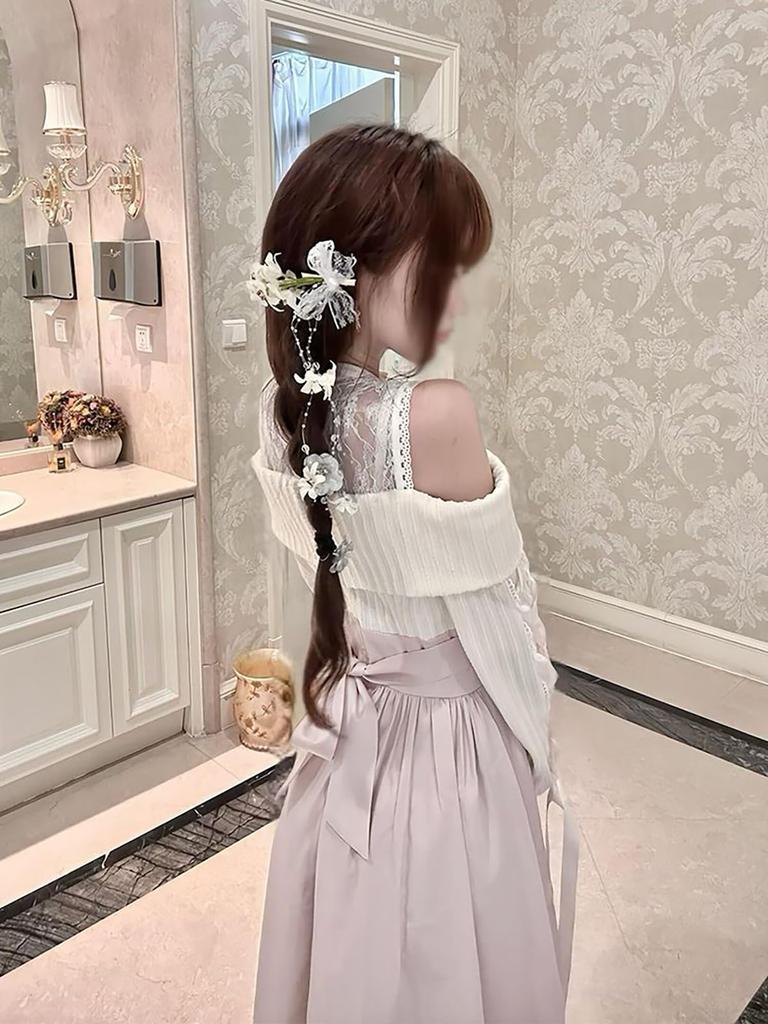 Jundakara Faux Layered Lace Ribbon Lolita Korean Mori Size S Women's Open-Shoulder Lace-Up Dress, Style, Style, Sweet, Girl, Sexy, Cute, Dreamy,