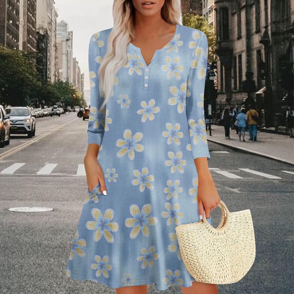 Women's Summer Dress Loose V Neck Three-quarter Sleeve Sundress With Pockets Dress