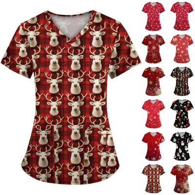 Женские модные топы с короткими рукавами и V-образным вырезом с принтом, рабочие футболки с карманами