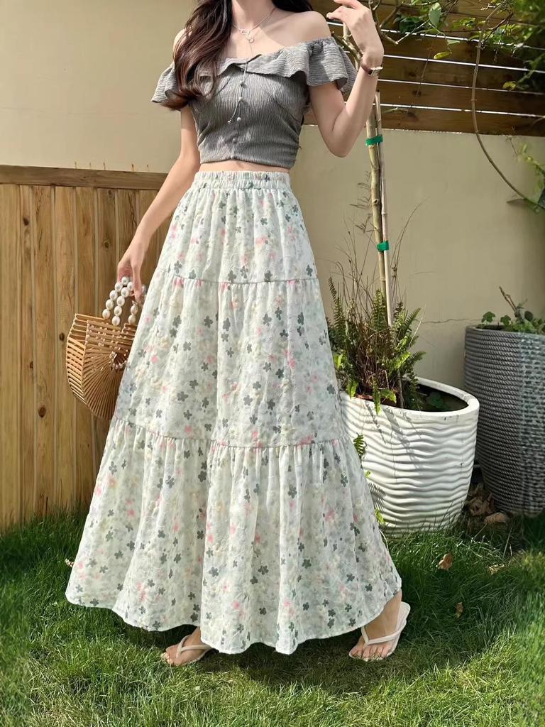 French Floral High-Waisted A-Line Skirt - Summer Fresh Mid-Length Skirt