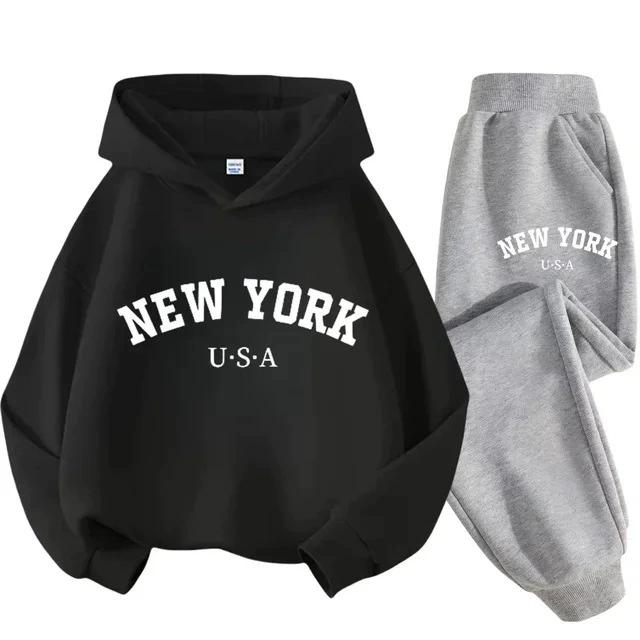 Children's Black Sports Outdoor Letter Print Hooded Sweatshirt 3-12 Years Old Boys and Girls Casual Set Sweatshirt + Pants