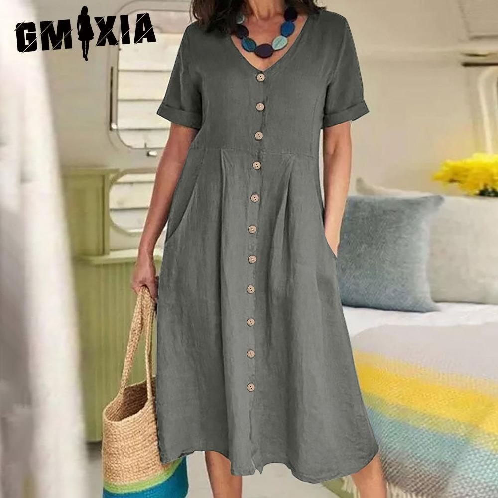 GMXIA Dame Sommer Casual Bomull V-hals Kort Erm Knappekjole