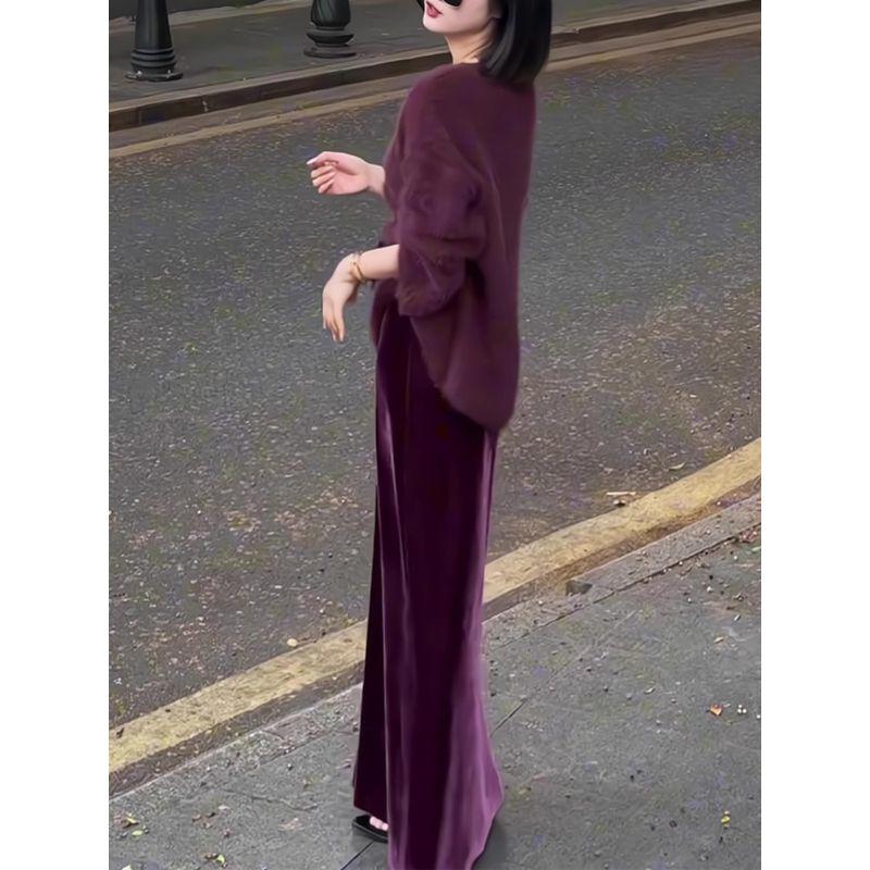

Purplish Red Velvet Skirt for Women Autumn 2025 New Thickened Plus size Elegant Slimming Split Drape A Word Long dress Fuchsia 90cm length L