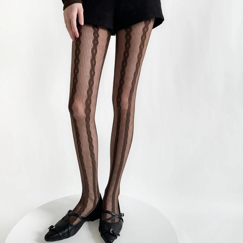 New Women Sexy Lace Mesh Fishnet Retro Pantyhose Thigh High Geometric Long Stocking Woman Personality Hosiery