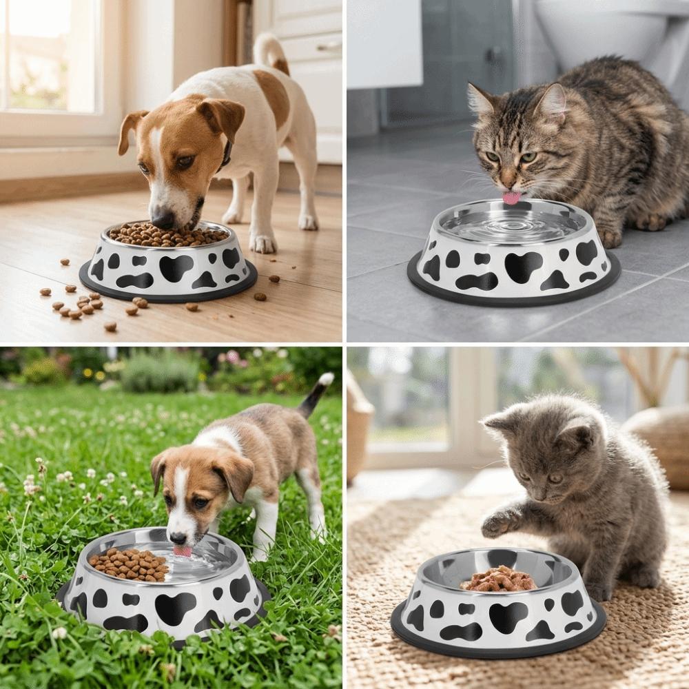 

Cow Print Pet Feeding Bowl Round Shape Metal Pet Bowl Anti Slip Pet Bowl Puppy Kitten Care 15cm