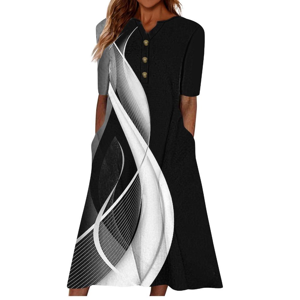 Women's V‑Neck Button Short Sleeve Midi Dress Loose Printed Casual Dress With Side Pockets