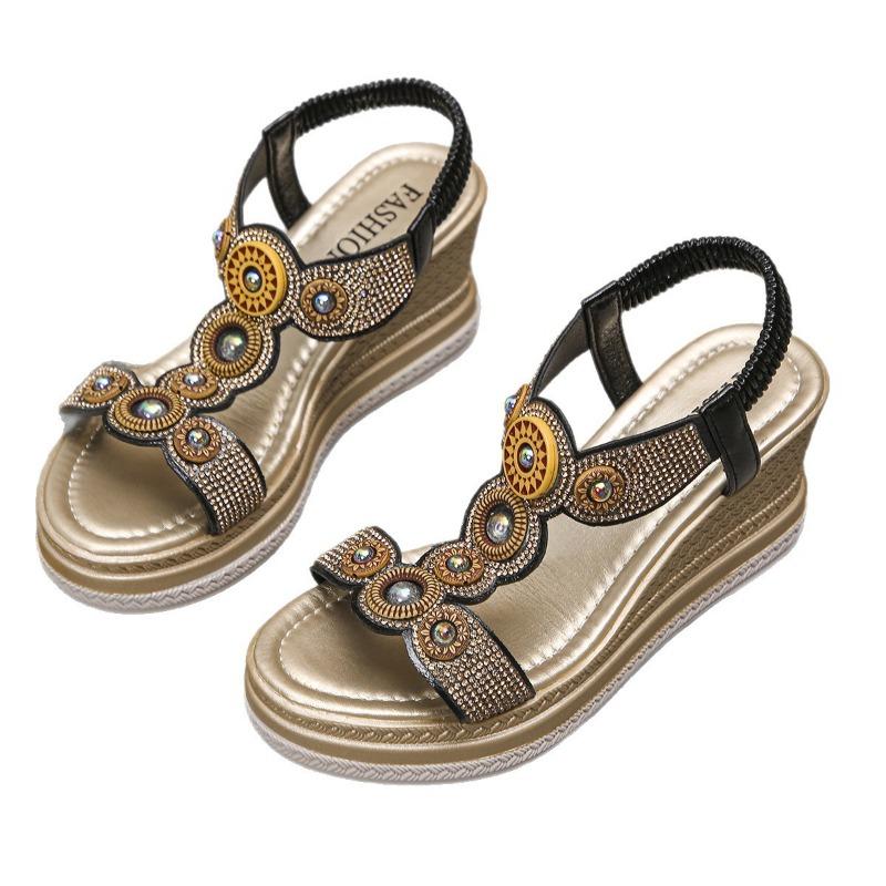 Summer bohemian wedge heel sandals new large size elastic band platform sandals women