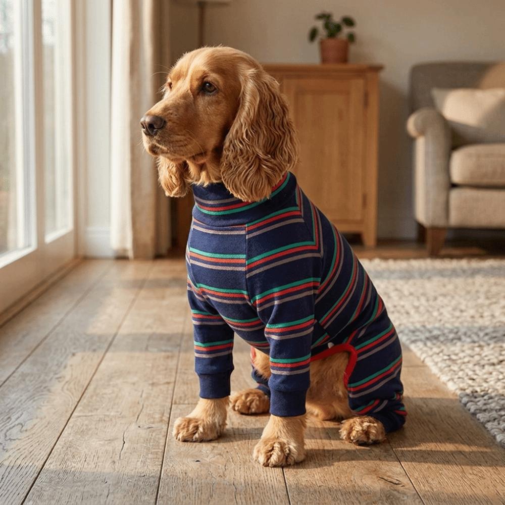 Dark Blue Striped Pet Jumpsuit High Stretch Large Dog Bodysuit Dog Pajamas Post Recovery