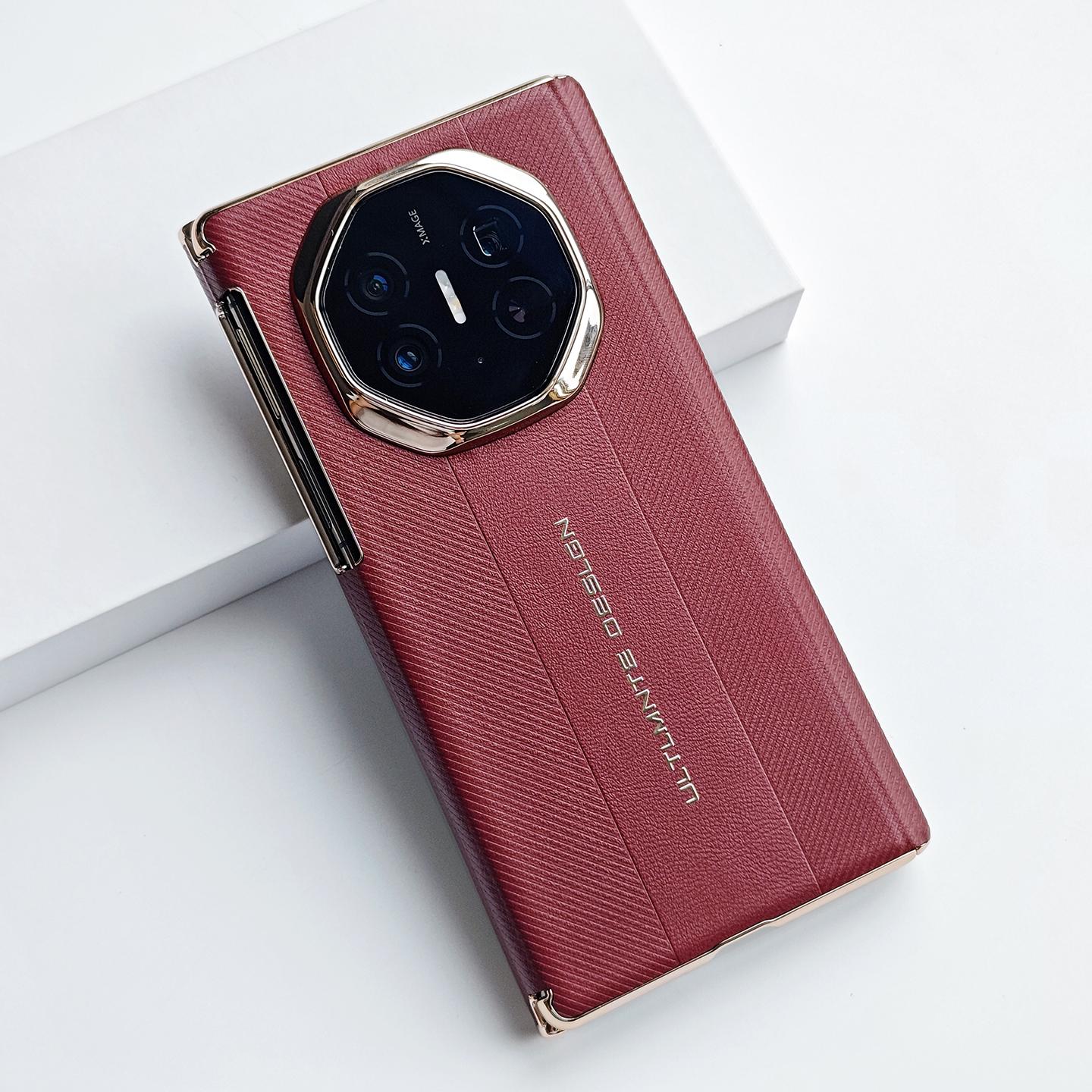Ultimate Design Leather Electroplated Gold Frame Middle Axis Dual Hinge Case For Huawei Mate XT XTs Camera Protection Cover Huawei Mate XT Ultimate