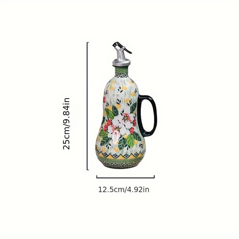 1pc Large Capacity Ceramic Oil Pot, Hand Painted Olive Oil Pump with Handle, Elegant Floral Design, Kitchen Accessories and Decoration for Home