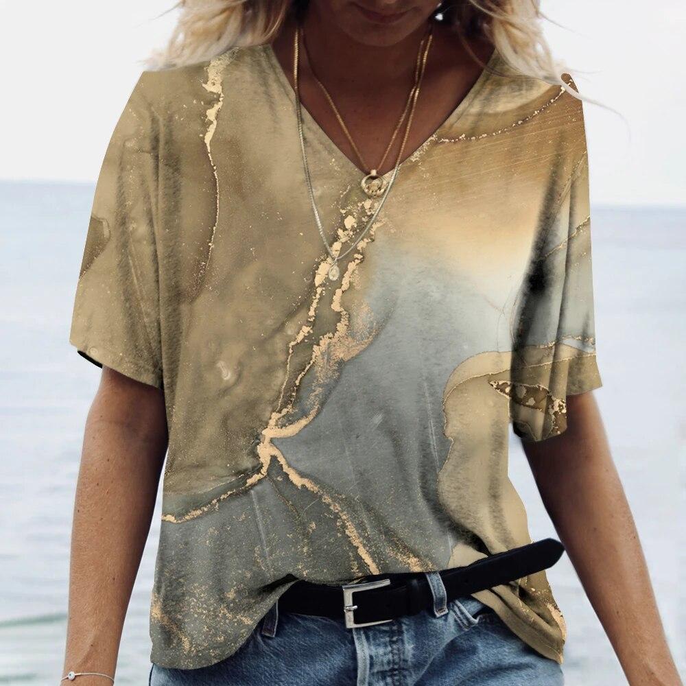 Summer Fashion Textured 3D Print T-shirts Women Casual Streetwear Short Sleeve V-Neck T Shirt Harajuku Tees Tops Clothing