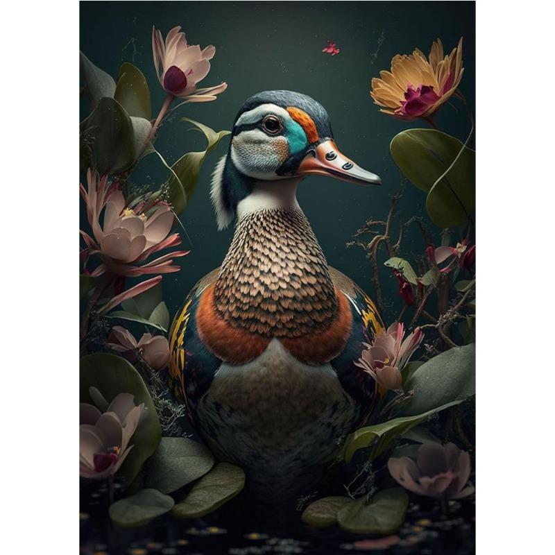 Vintage Animals In the Jungle, Flowers, Canvas, Painting, Poster Printing, Peacock, Tukan, Parrot, Elephant, Monkey, Wall Painting