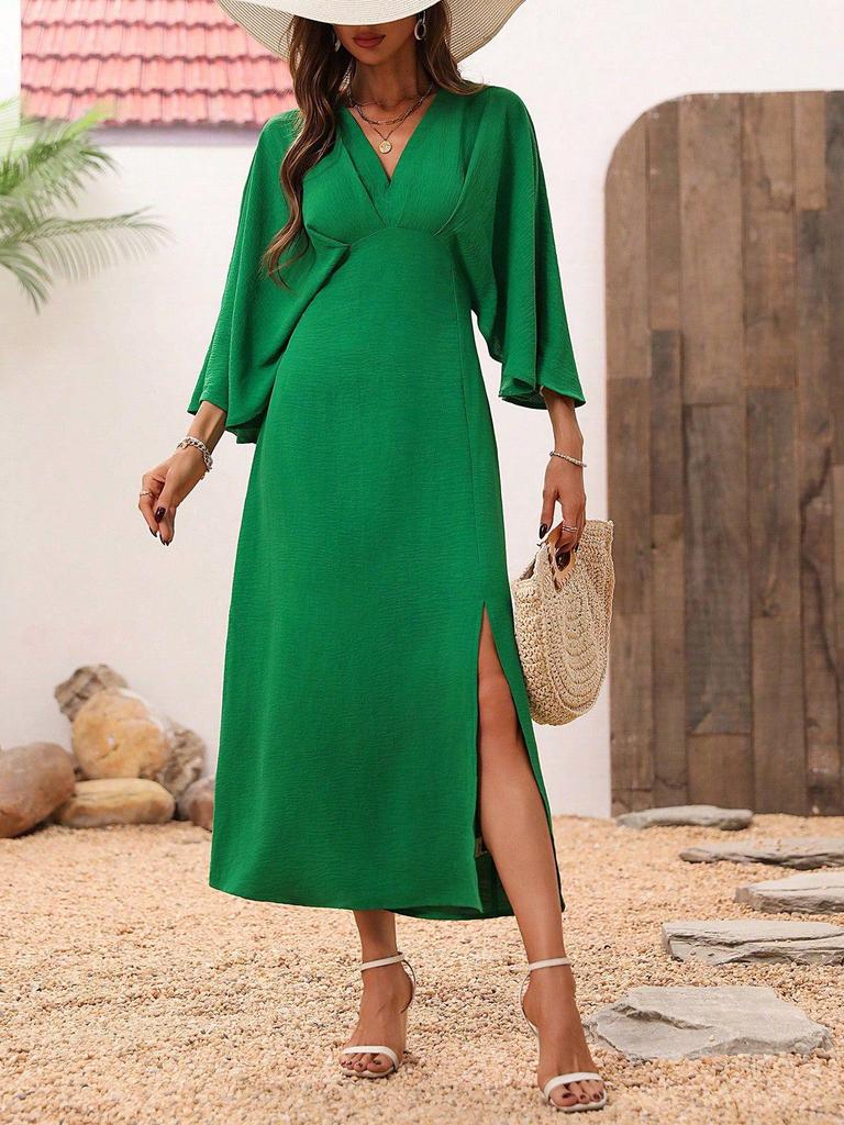 Women's Summer V-Neck Long Dress with Slit and Mid-Length Sleeves