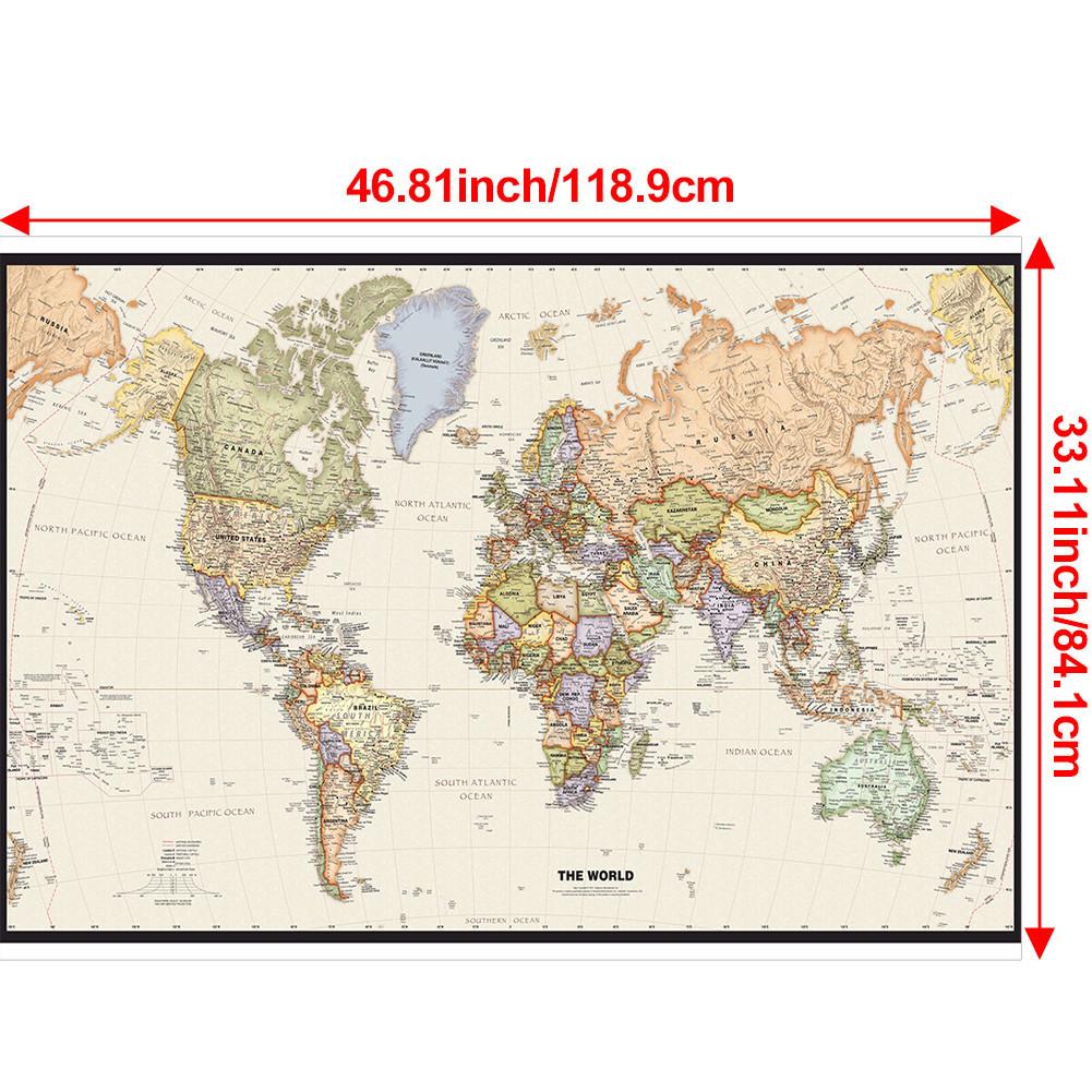 84.1*118.9cm Póster de Mapa Mundial Grande para Pared Estilo Retro Vintage Mapa Político para Decoración de Hogar Oficina Escuela Herramientas de Viaje Mapa del Mundo