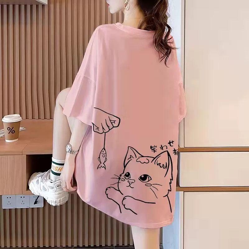 Tricouri de Vară Drăguțe din Bumbac pentru Femei, cu Imprimeu Desen Animat, Streetwear Hip Hop Casual, Tricou cu Mânecă Scurtă Supradimensionat pentru Femei