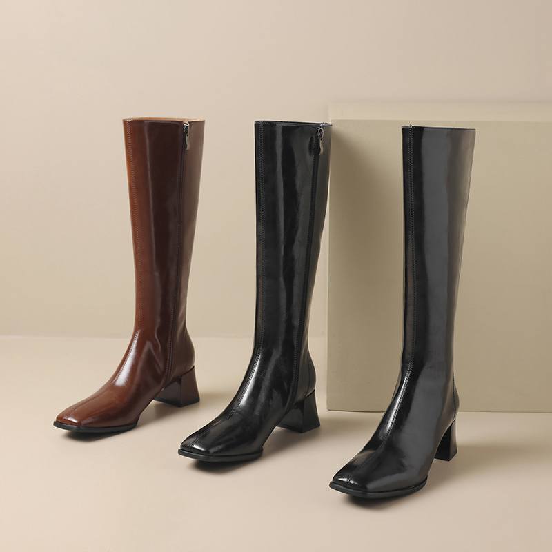 Krazing Pot Hovězí kůže Zimní hranatá špička Silné vysoké podpatky Jezdecké boty Dámské Zip Retro Vintage Vysoké boty na stehna