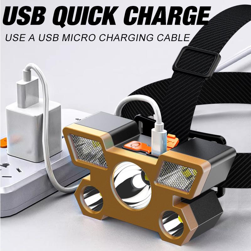 LED Strong Light Five Headed Outdoor Waterproof Fishing Light USB Rechargeable Ultra Bright Head Mounted Flashlight