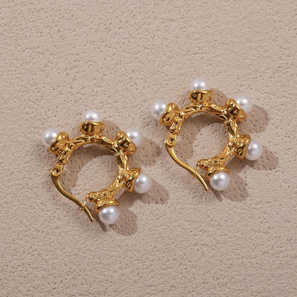 304 Stainless Steel Textured Round Ring Faux Pearl Retro Earring Backs for Women
