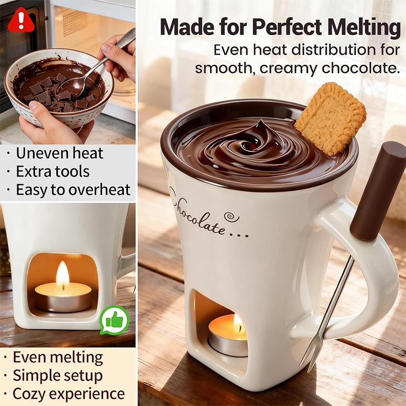 130ml Czekoladowy Słodki Kubek do Fondue, Karmelowy Serowy Kubek do Podgrzewania Pianek na Imprezę, Kreatywny Kubek do Kawy z Widelec na Randkę