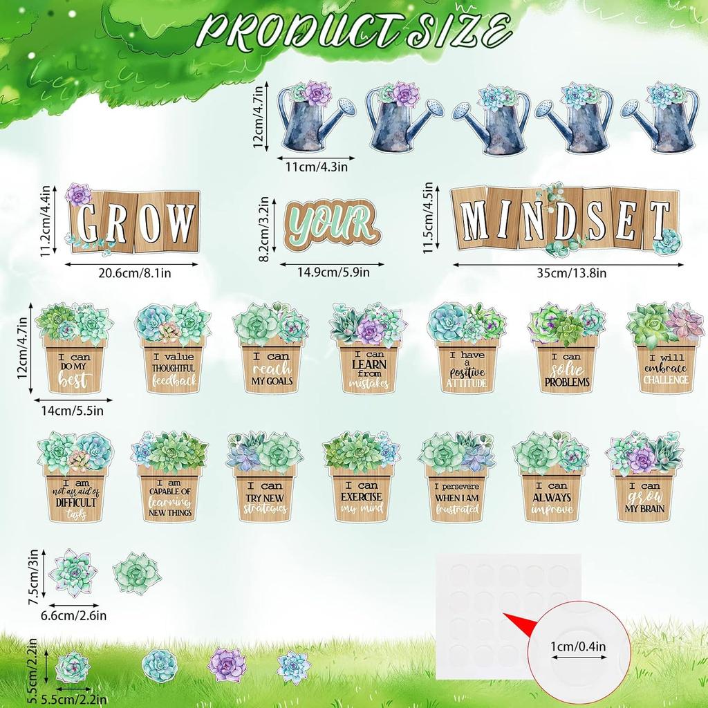 57 Pieces Rustic Bloom Succulents Cutouts Grow Your Mindset Bulletin Board Set Positive Motivational Succulents Potted Cutouts for Classroom School