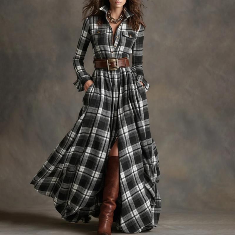 Stylish Irregular Grid Dress Comfortable Polyester Casual Ruffled Shirt Dress for Everyday Use Event and Outings