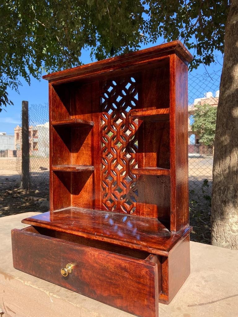 Handcrafted Wooden Wall Cabinet with Jali Work Drawer, Indian Decor