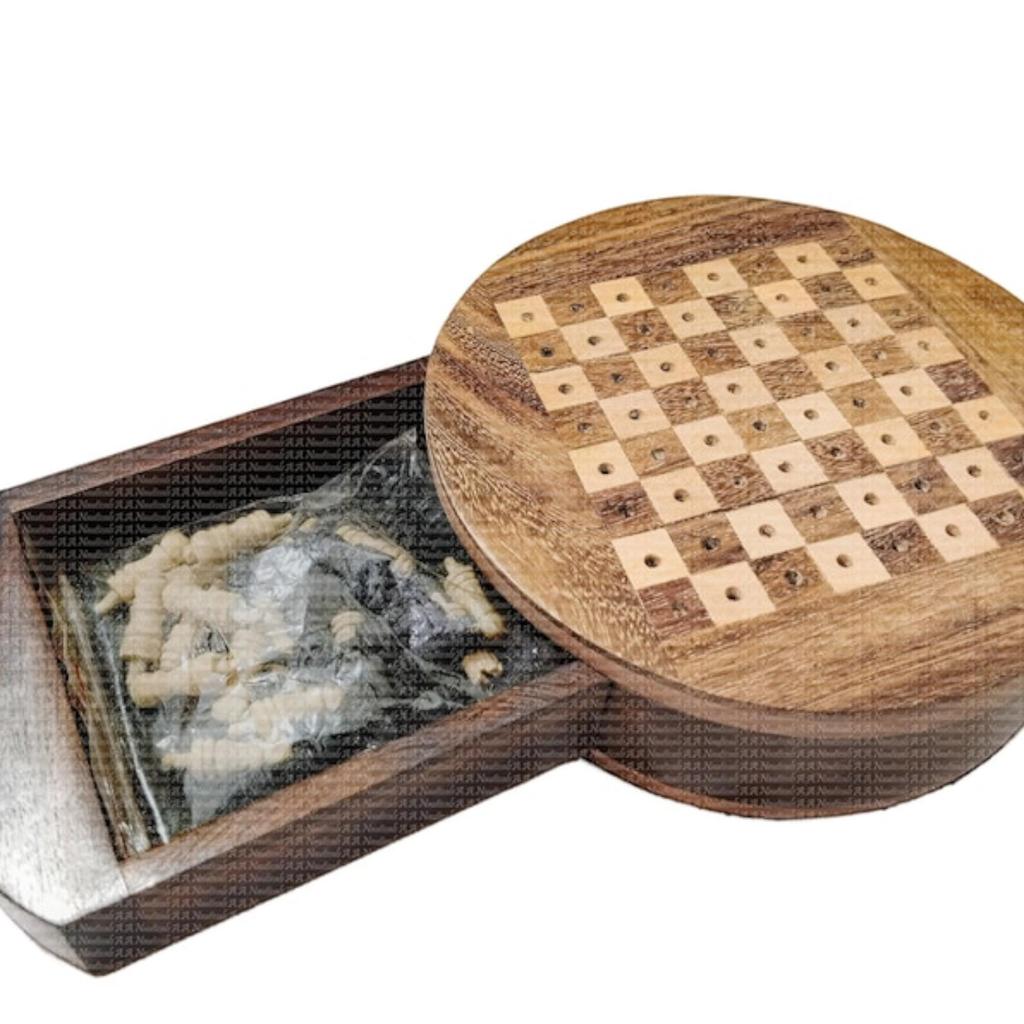 4 in Handmade Wooden Round Chess Mini Pocket Travelling, Personalized Board Games, Custom Gifts for Dad, Men Women, Christmas, Kids Birthday