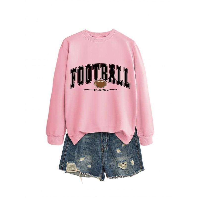 Womens Casual Round Neck Long Sleeve Cotton Sweatshirt With Football Mom Print - Loose Fit Plus Size S-XXL