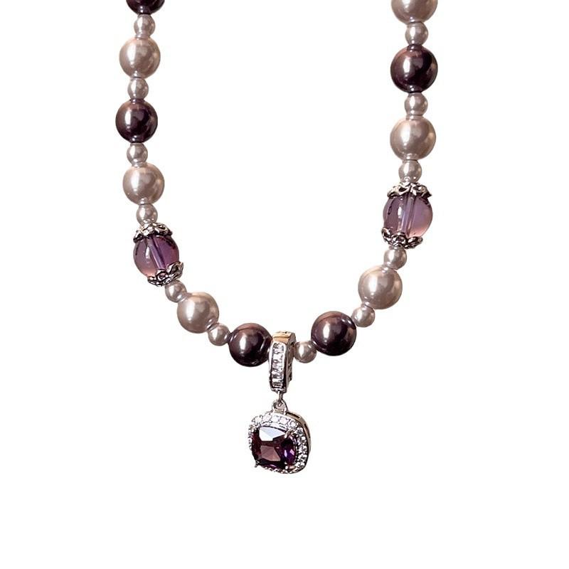 Manta Rose Shijia Pearl Necklace with Amethyst and Bubble Sugar Cubes Sweater Chain - Women's Autumn/Winter Pendant Jewelry