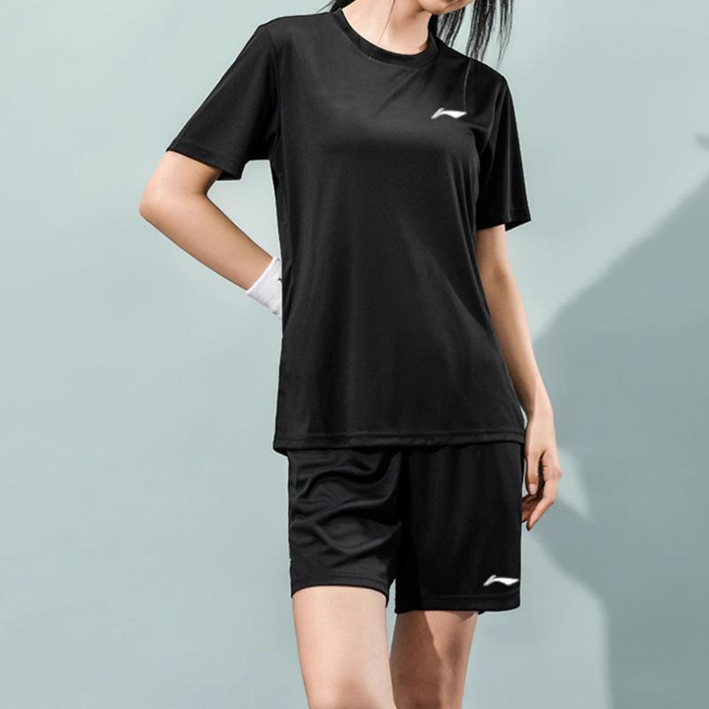 Li-Ning Quick-Dry Solid Color Running Training Breathable Round Neck Drop Shoulder Short Sleeve Sports Mid-Waist Elastic Waist Shorts Set AHST575-1-TZ
