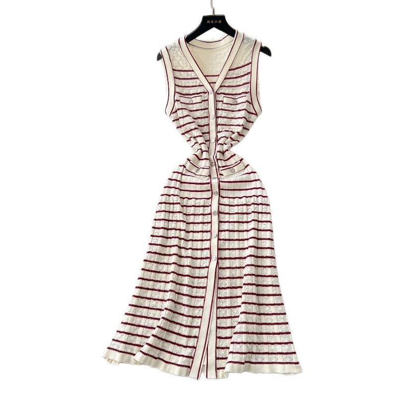 Striped Knitted Dress Summer Women's Wear Small Cinched Waist and Slimming Cardigan Vest Dress